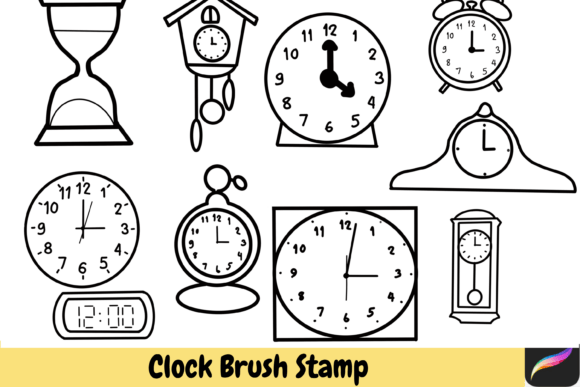 Clock Brush Stamps Procreate IPAD: 10 Hand Drawn Designs